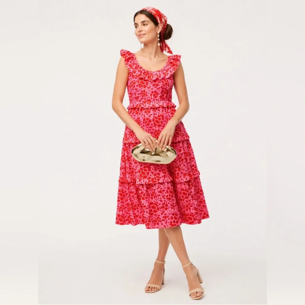 J. Crew Coral Pink Floral Tiered Midi Dress